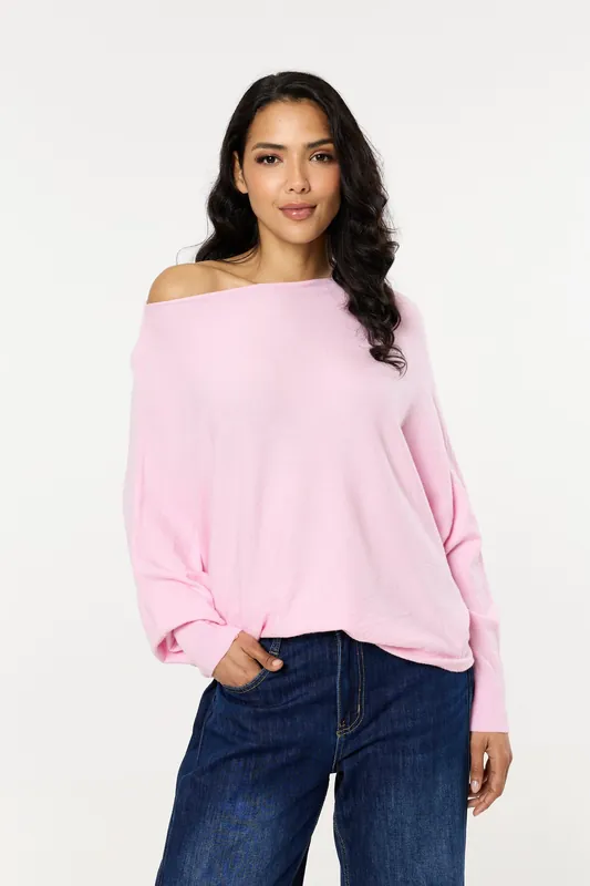 Pink Wool Blend Off Shoulder Batwing Knit Jumper - Liquorish