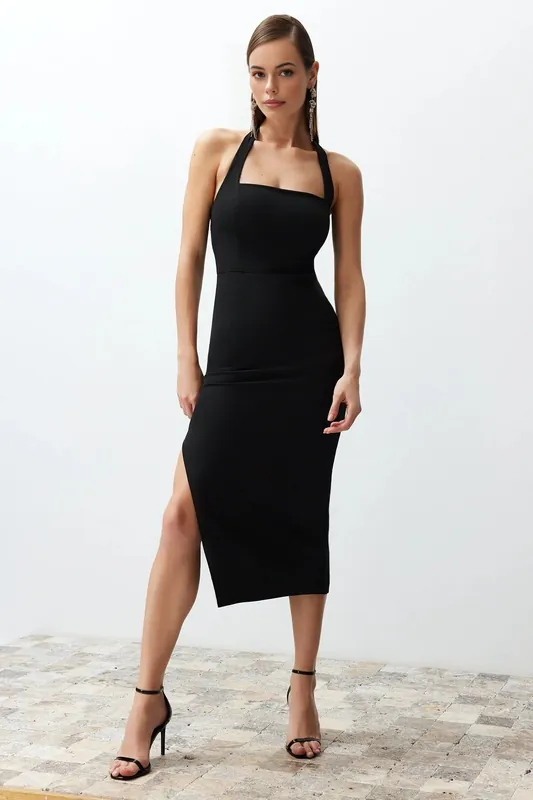 Halter Neck Bodycon Midi Dress with Side Split - WOVCOR