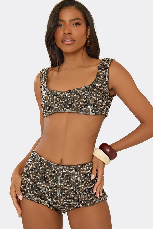 Sleeveless Square Neck Sequin Floral Bralet - EGO