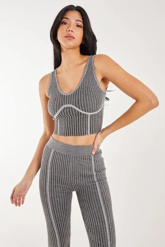 Two Tone Rib Corset Detail Top - Pink Vanilla