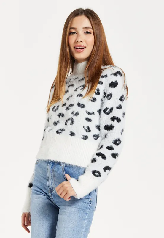 Fluffy Animal High Neck Jumper In Black And White - Liquorish