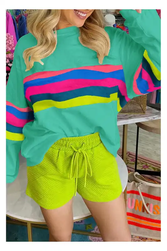 Teal Multi-tripe Long Leeve Crewneck Weathirt