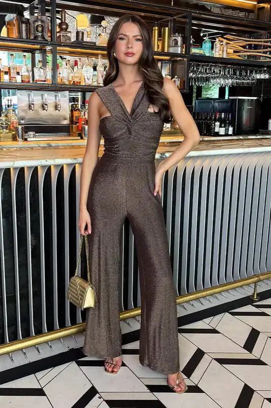 Bronze Sparkle Knot Detail Wide Leg Jumpsuit - AX Paris