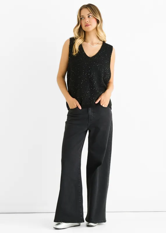 Black Sequin Sparkle V Neck Vest Knit Jumper - Gini London