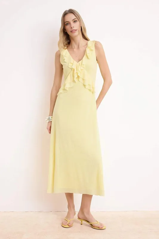V Neck Ruffle Detail Sleeveless A-Line Midi Knit Dress