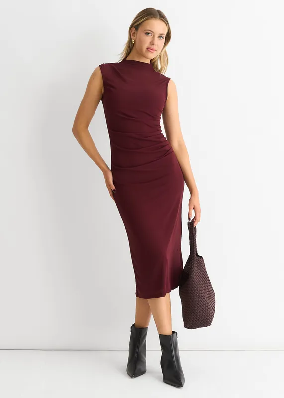 Plain Ruched Jersey Midi Dress - Gini London
