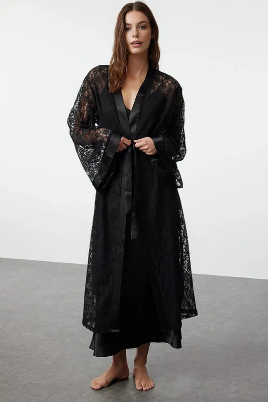 Women’s Lace Dressing Gown with Satin Trim and Belt - WOVCOR