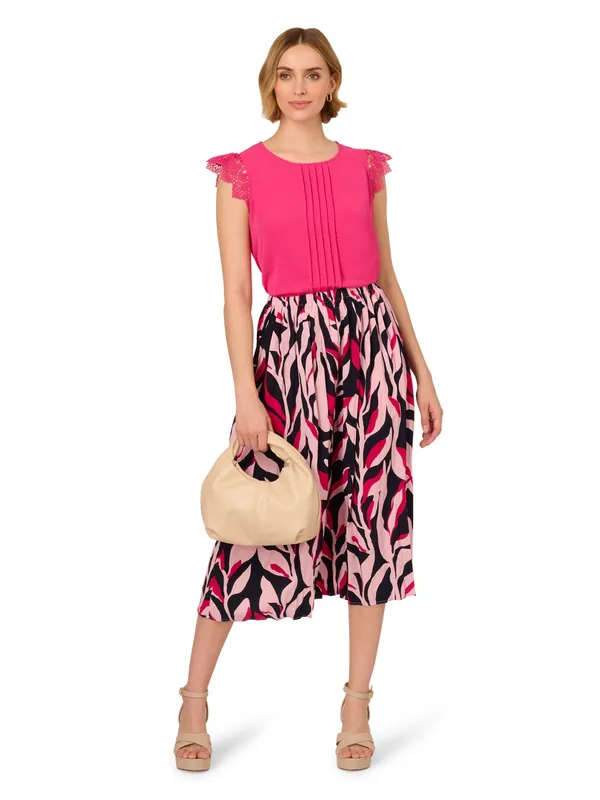 Crew Neck Pleated Airflow Woven Crochet Flutter Sleeve Top - Adrianna Papell
