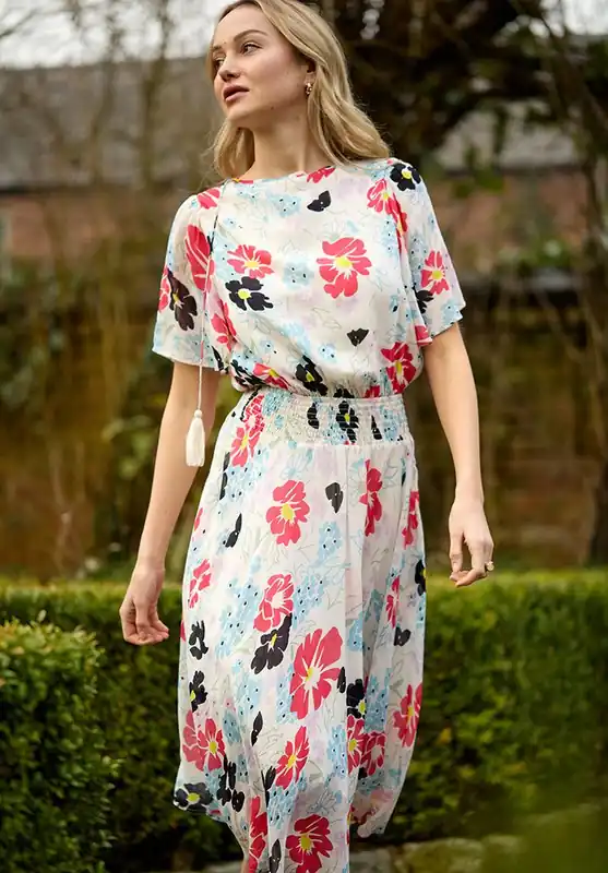Galaxy Cowl Neck Poppy Print Midi Dress In Multi - Lily and Lionel