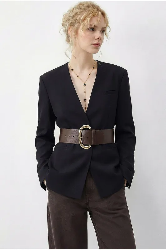 Belted V-Neck Blazer Jacket