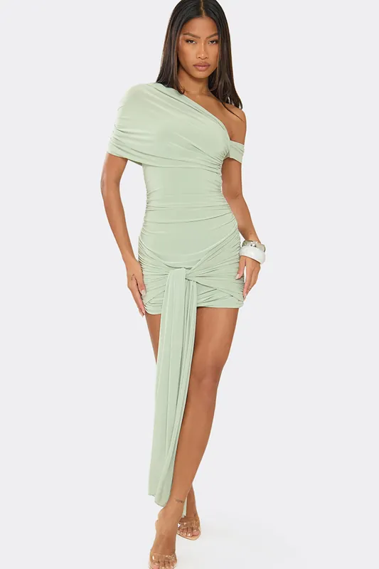Long Sleeve Drape Slinky Mini Dress - EGO