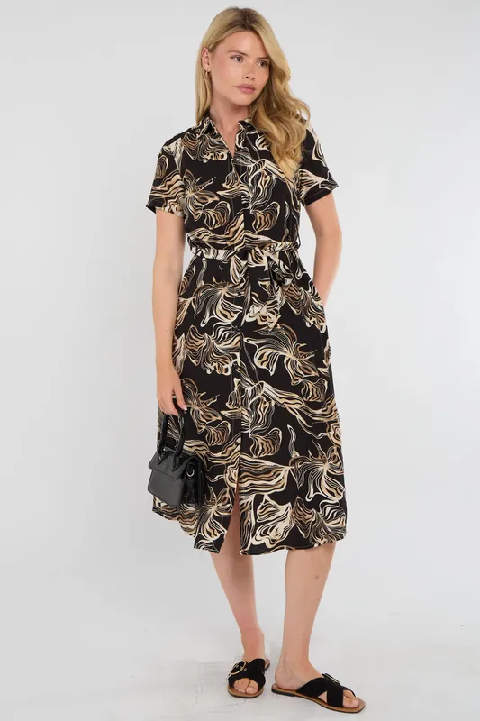 Black Swirl Print Short Sleeve Midi Shirt Dress - Love Sunshine