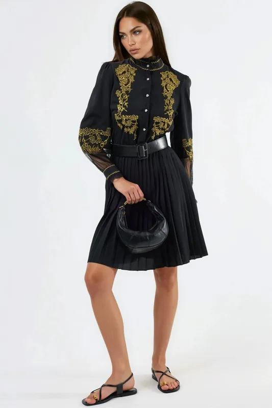 Embroidered Mandarin Collar Mini Dress - MSN Collection