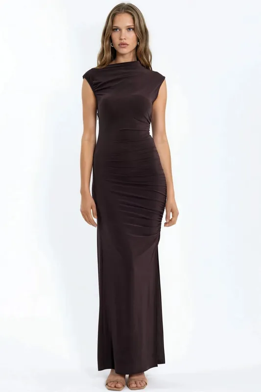 Slit Detailed Bodycon Sandy Maxi Dress - Hiccup