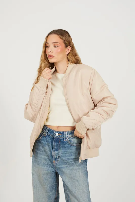 Ruched Sleeve Oversized Bomber Jacket - Brave Soul