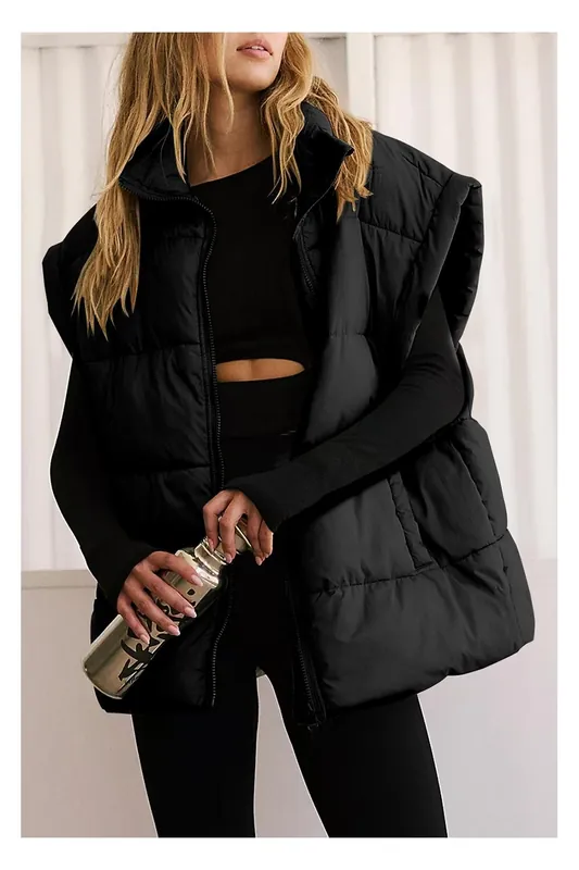 Black Solid Zipper Stand Neck Oversized Puffer Vest - Everyday The Label