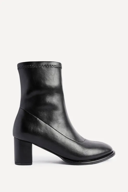 Rita Black Faux Leather Round Toe Block Heel Sock Boot - Linzi