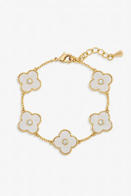 Gold Plated and Mother of Pearl Polished Clover Bracelet - Jon Richard