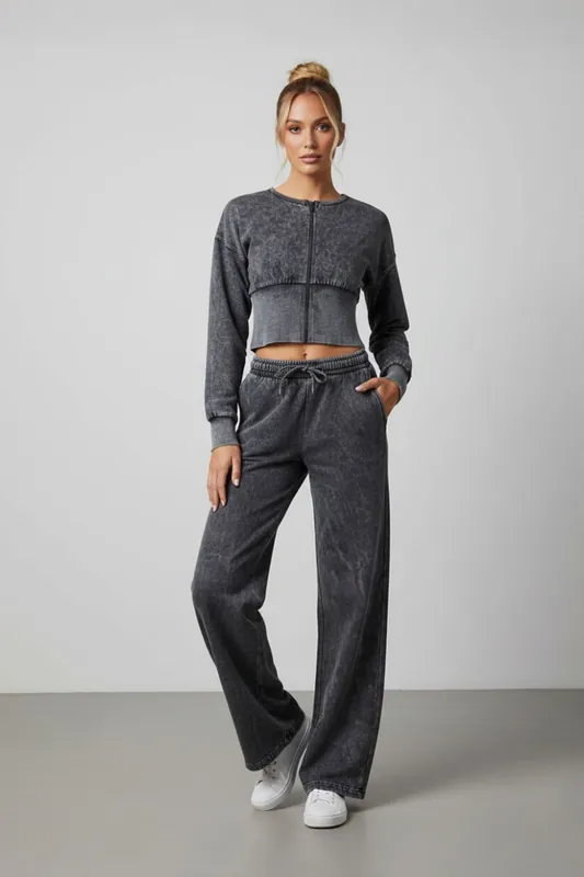 Acid Wash Cropped Zip-Up Sweatshirt and Wide Leg Trouser - Two-Piece T