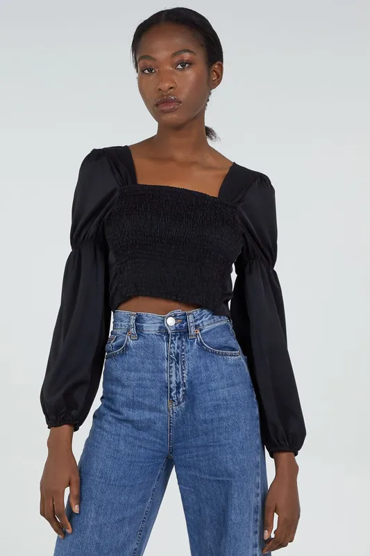 Cropped Ruched Top With Balloon Sleeves - Pink Vanilla