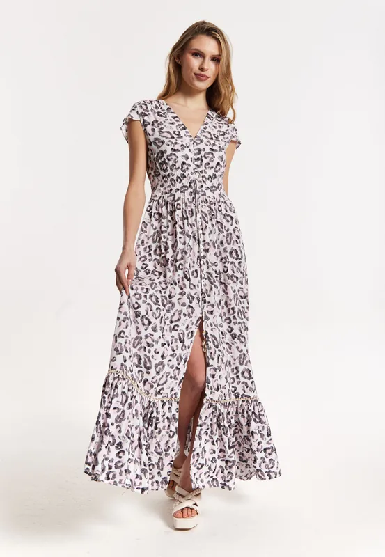 Animal Print Maxi Dress with Front Slit - Liquorish