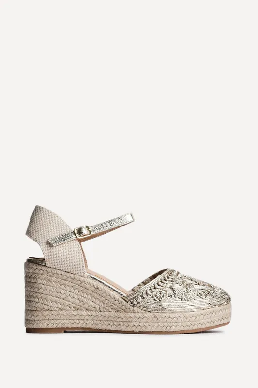 Mystic Gold Embroidered Espadrille Wedges - Linzi