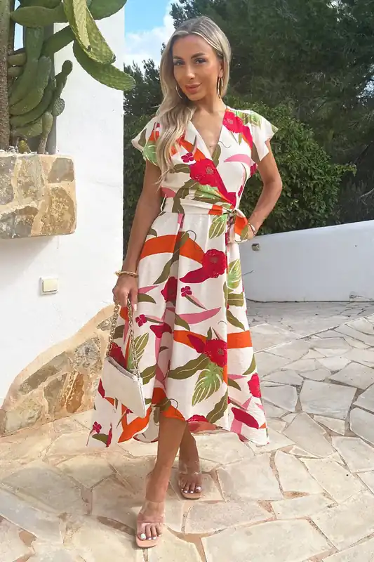 Multi Floral Print Wrap Top Belted Midi Dress - AX Paris