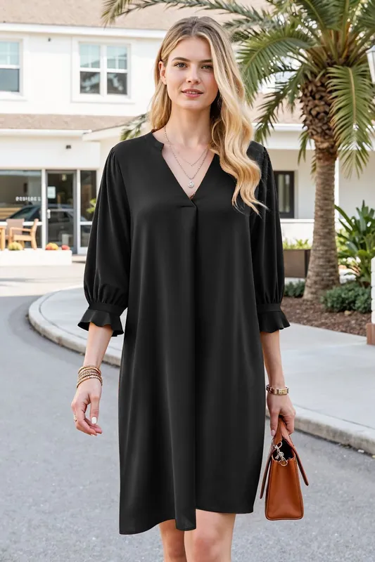 Fashion V - Neck Dress with Ruffled Long Sleeves