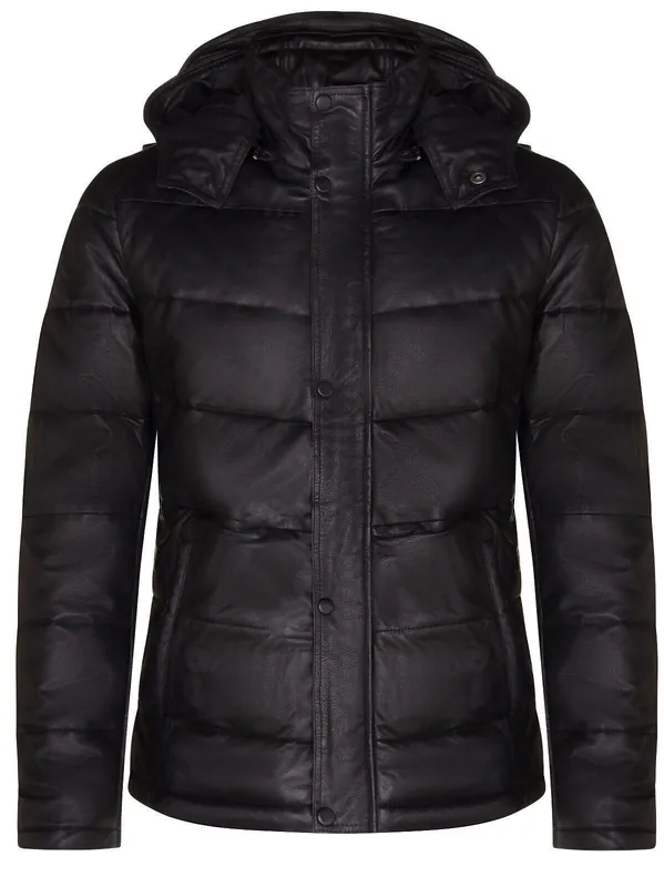 Black Puffer Leather Quilted Warm Bomber Hooded Jacket - Infinity Leather