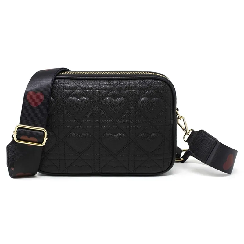 Heart Shape Quilted Crossbody Camera Bag With Large Strap - Kitise