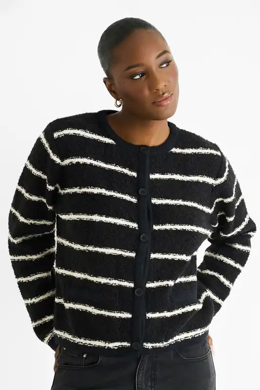 Black Stripe Military Crop Knit Cardigan - Gini London