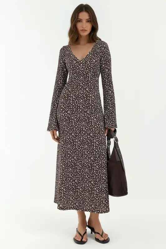 Elegant Flower Printed V-neck Bodycon Maxi Dress