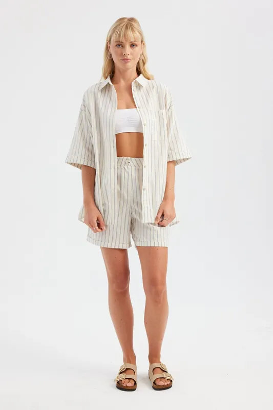2 Pieces: Striped Pocket Short Sleeve Shirt & High Waist Shorts - Hiccup