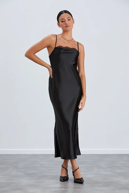 Satin Cami Dress with Delicate Lace - Belissh