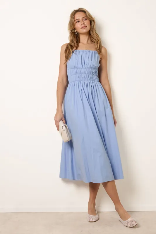 Blue Ruched Binding Strappy Midi Dress - Blue Vanilla