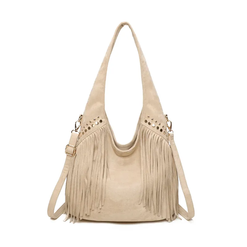 Studded Large Faux Suede Fringe Slouch Tote Shoulder Bag - Kitise