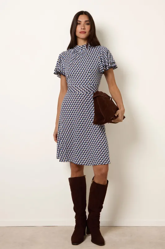 Multi High Neck Angel Sleeve Mini Dress - Blue Vanilla