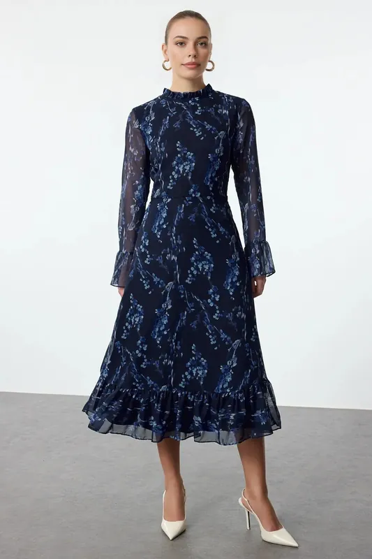 Floral Print High Neck Sheer Sleeve Midi Dress - WOVCOR