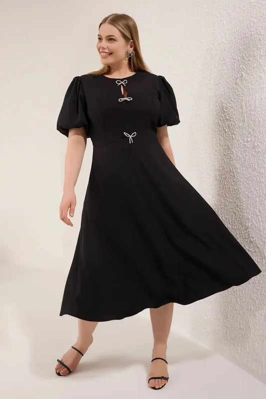 Crew Neck Bow Detail Puff Sleeve Midi Dress - WOVCOR