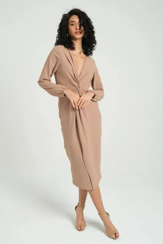 V Neck Long Sleeve Midi Dress with a Pleated Front - Hiccup