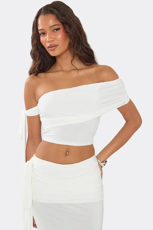 Short Sleeve Off The Shoulder Tie Slinky Top - EGO