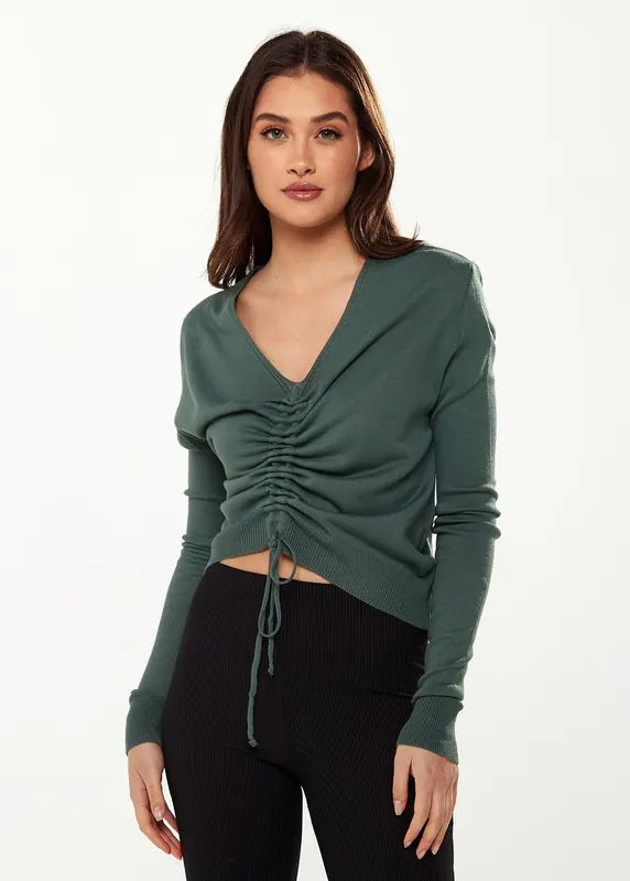 V-Neck Top with Ruching Detail in Green