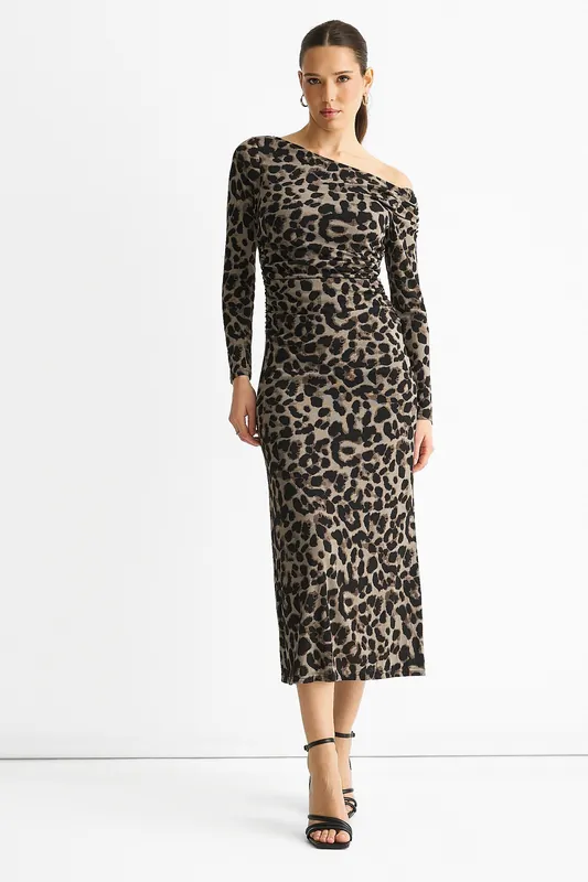 Grey Animal Jersey Animal One Shoulder Midi Dress - Gini London