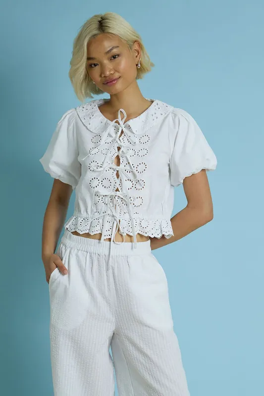 Cotton Broderie Tie Front Blouse - Neon Rose