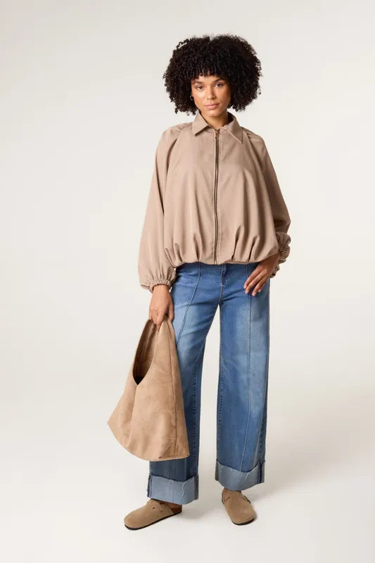 Light Brown Drape Puffball Zipper Jacket - Blue Vanilla
