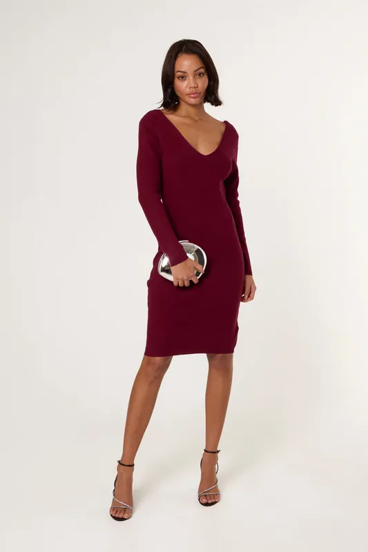 Red V Neck Bow Back Detailed Knitted Dress - Blue Vanilla