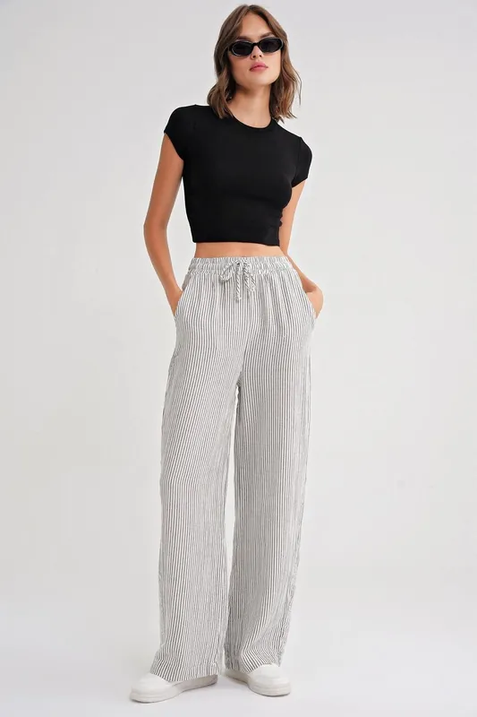 High Waist Striped Drawstring Pants - MixRay