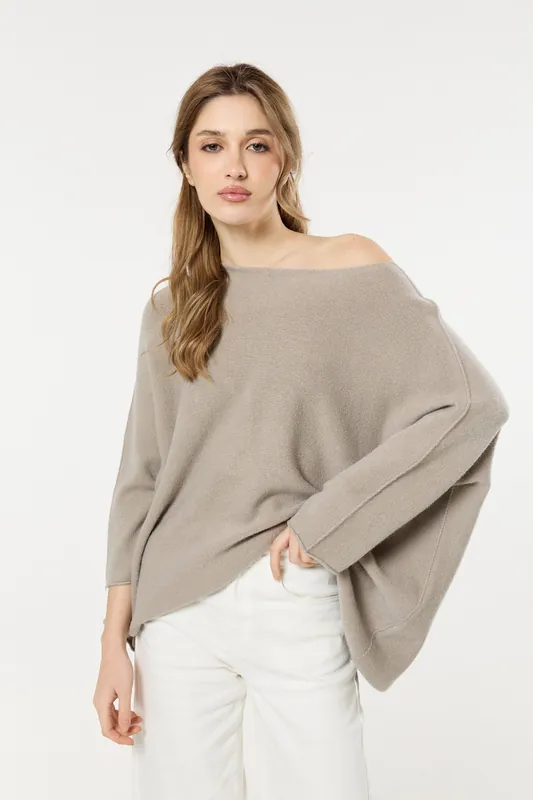 Beige Off Shoulder Relaxed Knit Jumper - Liquorish