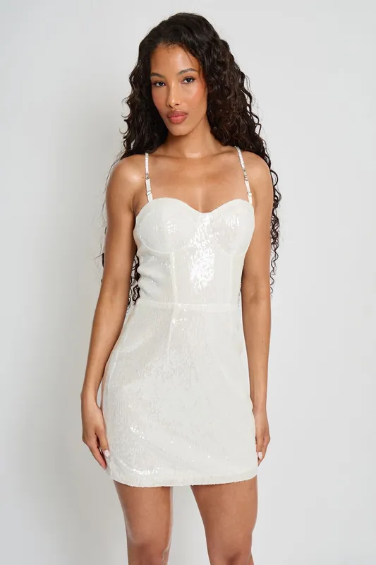 Diamante Strap Detail Sequin Mini Dress White - Public Desire
