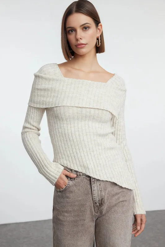 Asymmetric Hem Ribbed Knit Sweater with Foldover Neckline - WOVCOR